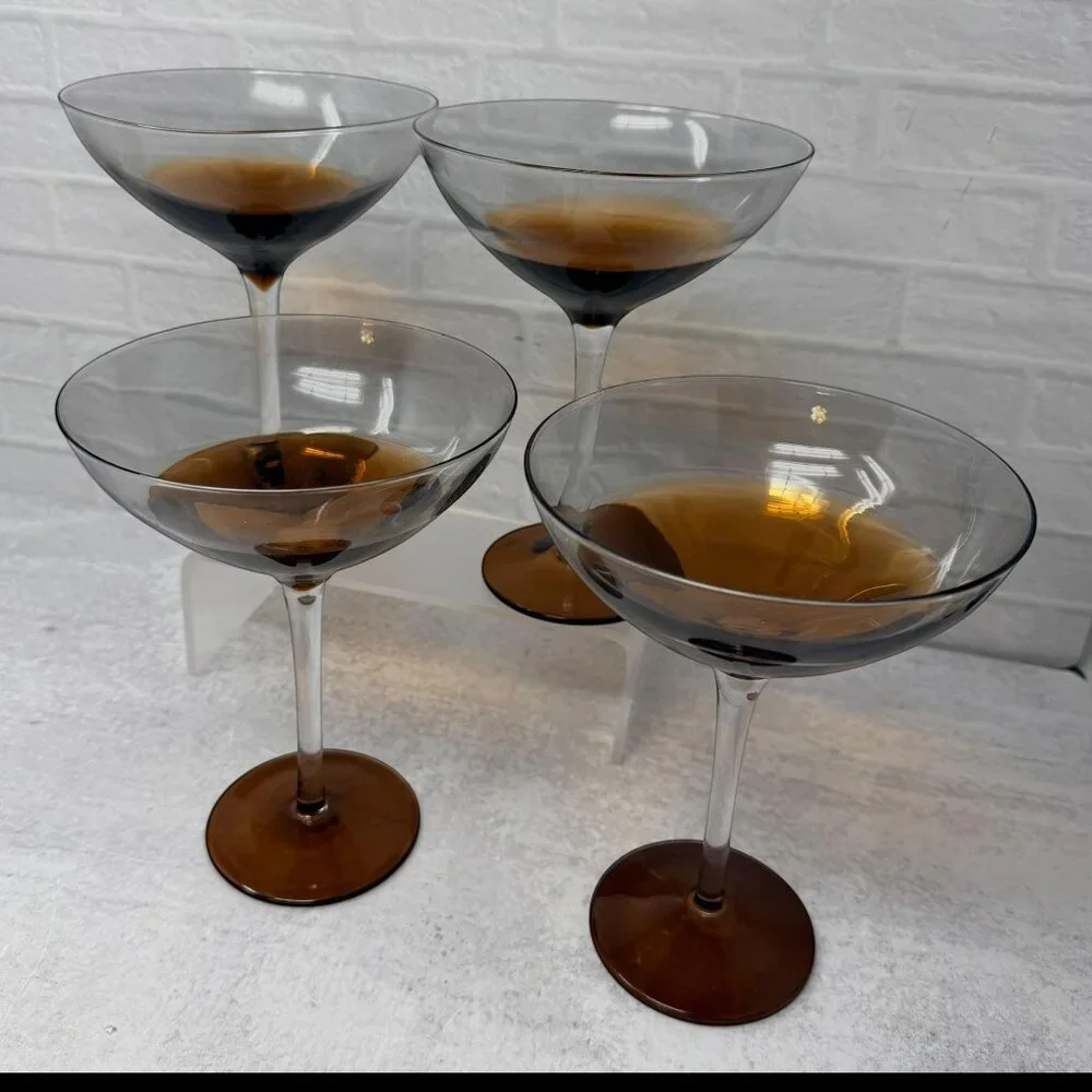 Set 4 Pier 1 Elemental Amber Brown Smoke Hand Blown Coupe Cocktail Glasses